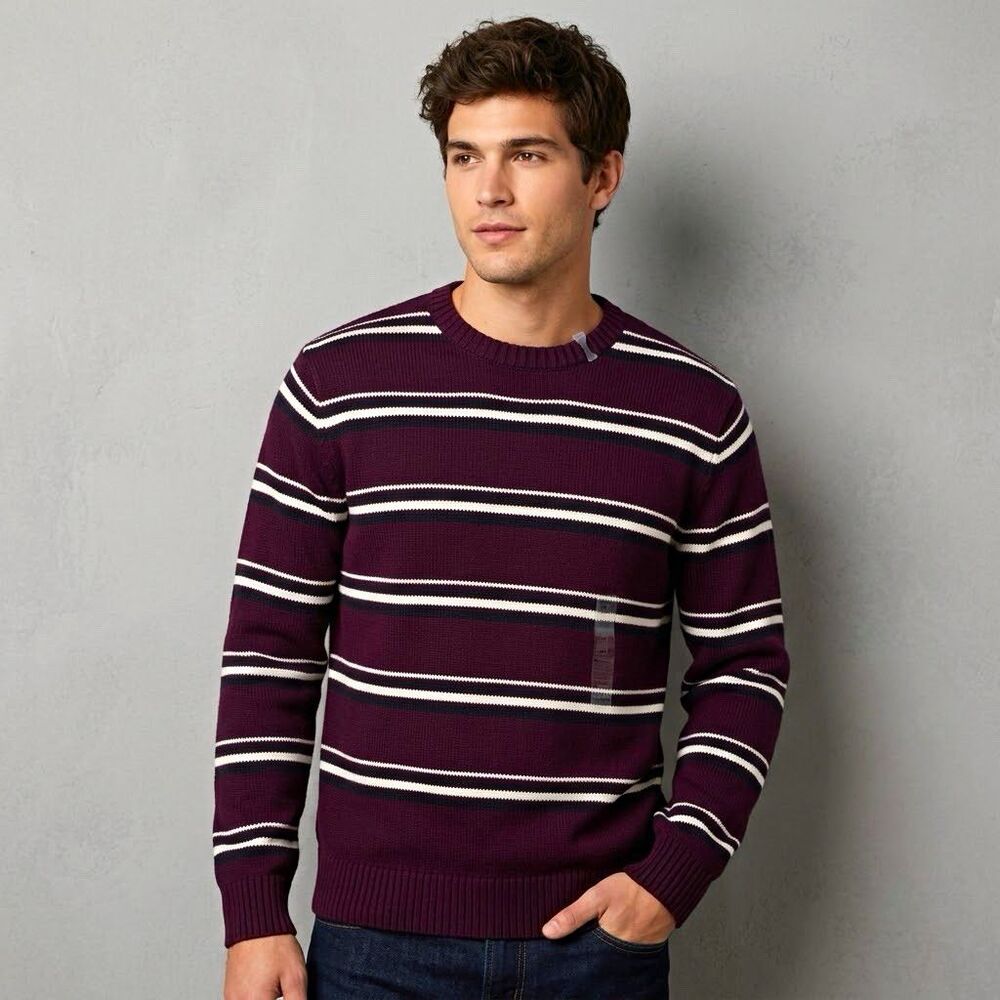 St. John's Bay Striped Knit Crewneck Sweater Large Burgundy Cotton Preppy Grunge